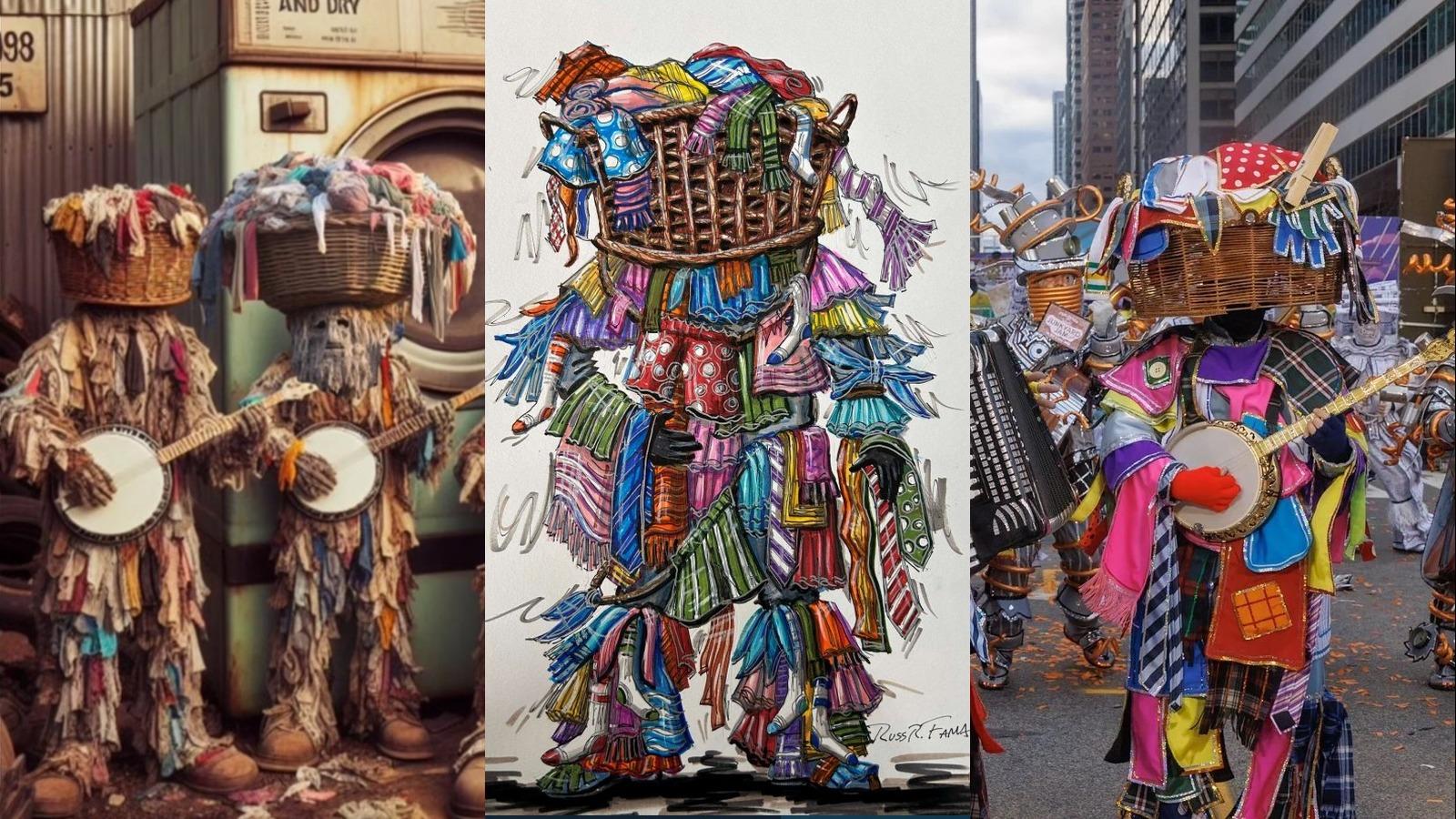 Microsoft Copilot-generated brainstorming result (left), final sketch for costume design by Russ Fama (center), finished costume in the 2025 Mummers Parade (right)
