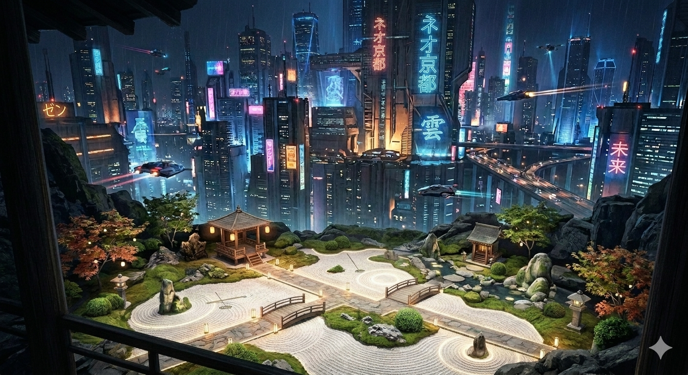 Zen Garden in a Cyberpunk Cityscape Background Image